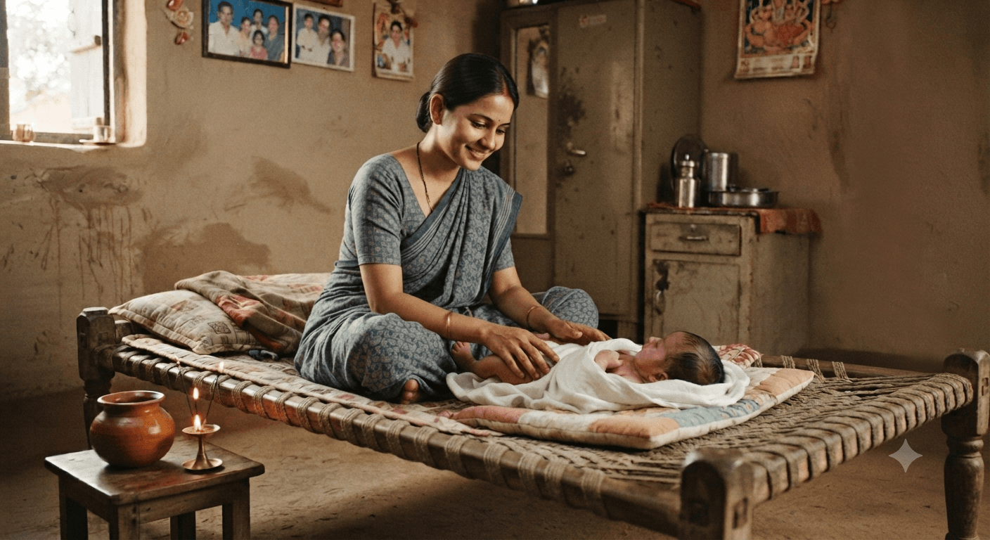 Traditional Indian baby oil massage by experienced caregiver