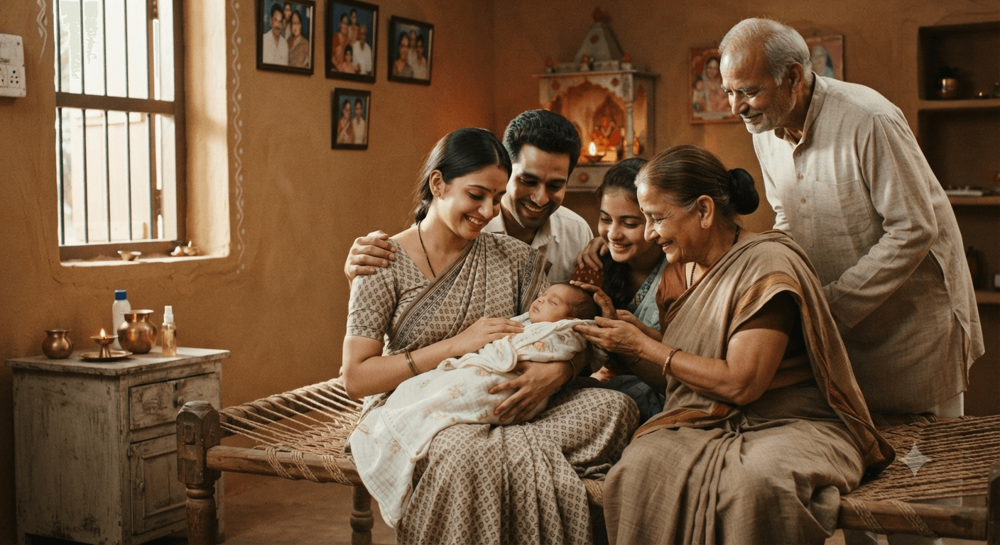 Happy Indian family with newborn baby