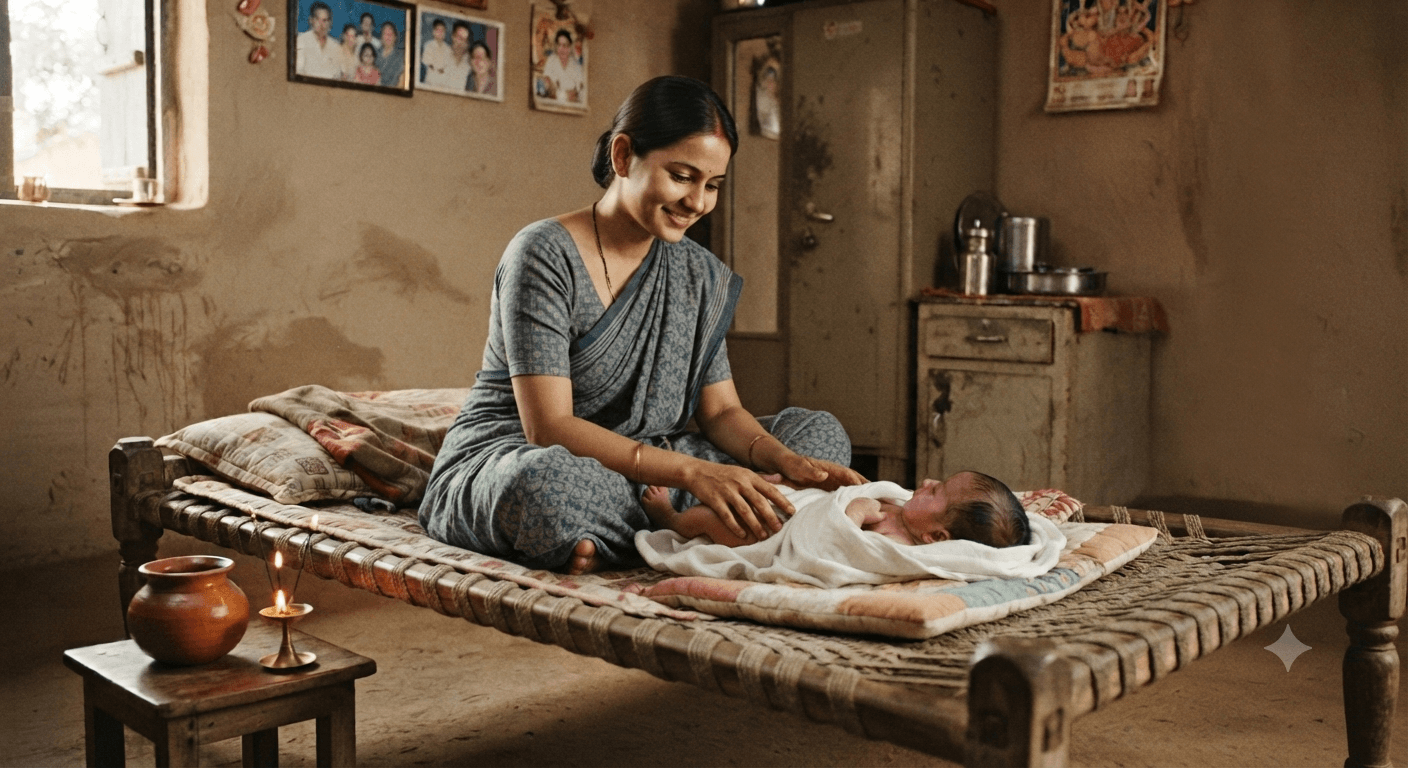 Traditional Indian baby oil massage by experienced caregiver
